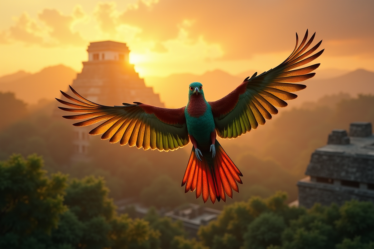 Quetzal en vol au-dessus de ruines mayas au lever du soleil