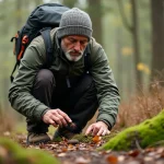Homme randonneur observant des excréments dans la forêt