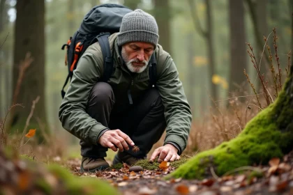 Homme randonneur observant des excréments dans la forêt