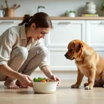 Femme donnant un repas équilibré à son chien Labrador dans une cuisine moderne