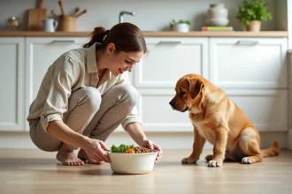 Femme donnant un repas équilibré à son chien Labrador dans une cuisine moderne