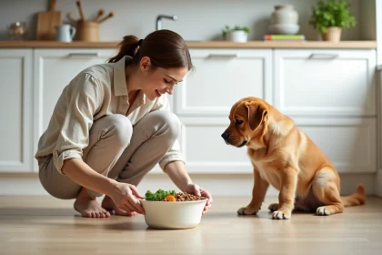 Femme donnant un repas équilibré à son chien Labrador dans une cuisine moderne