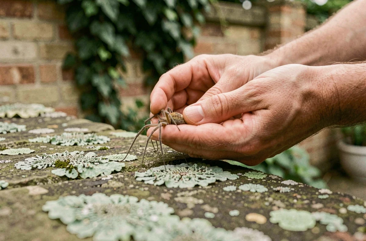 Personne relâchant une araignée domestique dans la nature sur un mur de pierre recouvert de mousse et lichen