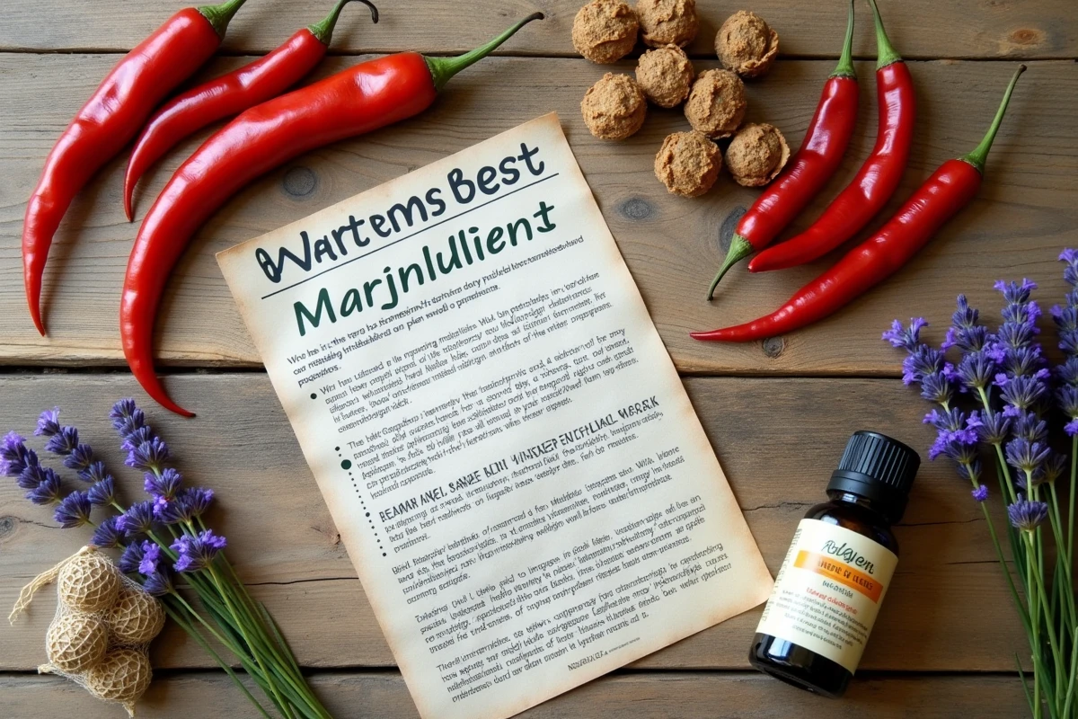 Vue de dessus d'un assortiment de répulsifs naturels contre les martres : piments secs, sachets de camphre, lavande et huile essentielle sur bois rustique