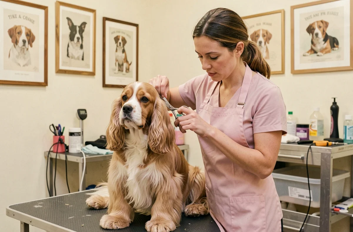 Toiletteuse du salon Un Pelage Au Poil dans le 3e arrondissement de Lyon finissant la coupe d'un cocker spaniel
