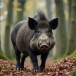 Sanglier sauvage de grande taille traversant une forêt européenne dense en automne, illustrant les données sur le plus gros sanglier du monde