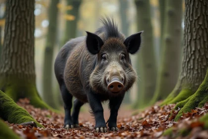 Sanglier sauvage de grande taille traversant une forêt européenne dense en automne, illustrant les données sur le plus gros sanglier du monde