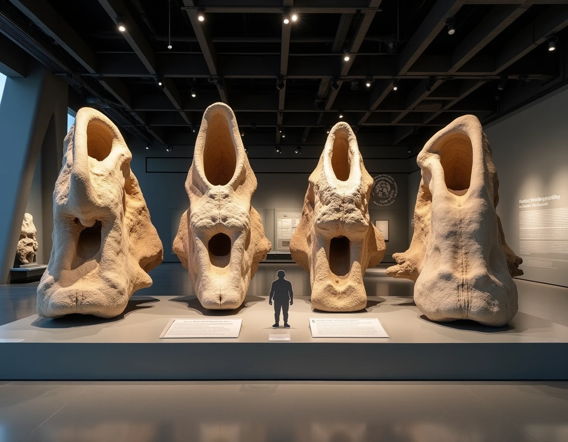 Quatre vertèbres fossiles du Sauroposeidon exposées dans un musée avec une silhouette humaine pour l'échelle, montrant l'identification basée sur seulement quatre os