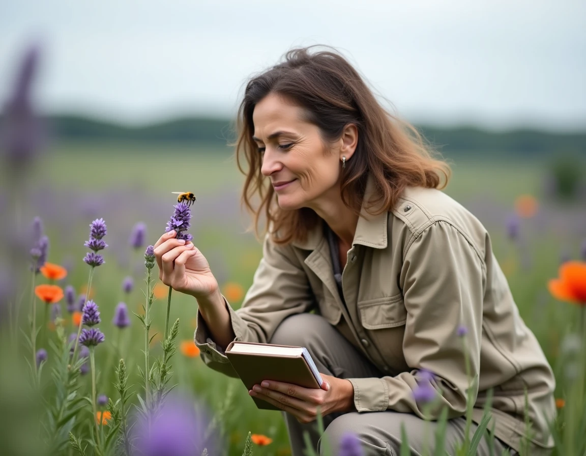 Scientifique observant une abeille sur de la lavande dans une prairie fleurie lors d'une étude sur la biodiversité des insectes