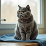 Chat Scottish Fold aux oreilles repliées posé sur une table d'examen vétérinaire en bois, regard alerte et fourrure grise tigrée