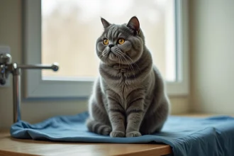 Chat Scottish Fold aux oreilles repliées posé sur une table d'examen vétérinaire en bois, regard alerte et fourrure grise tigrée