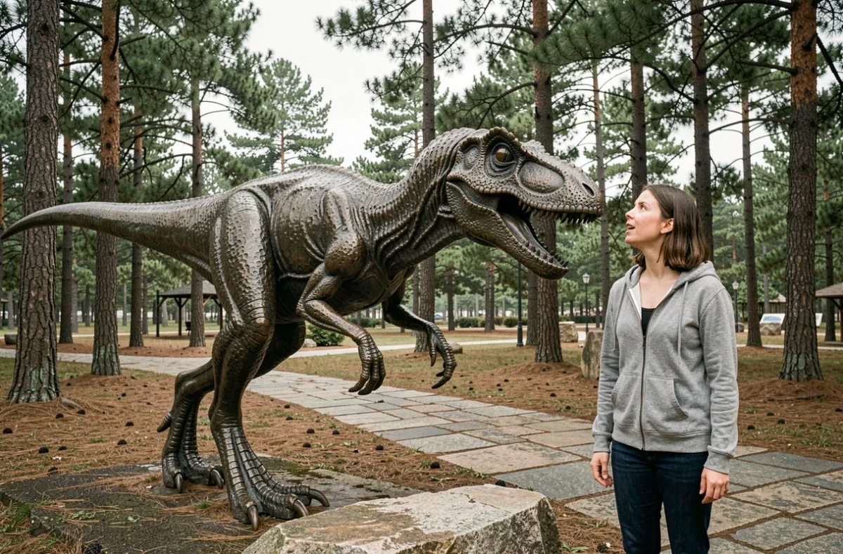 Femme debout à côté d'une sculpture en bronze grandeur nature d'un Velociraptor dans un parc scientifique, illustrant l'échelle du dinosaure carnivore