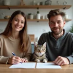 Femme et jeune homme signant un contrat de transfert de chat