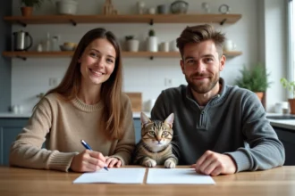 Femme et jeune homme signant un contrat de transfert de chat