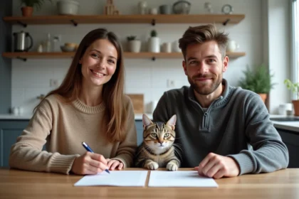 Femme et jeune homme signant un contrat de transfert de chat