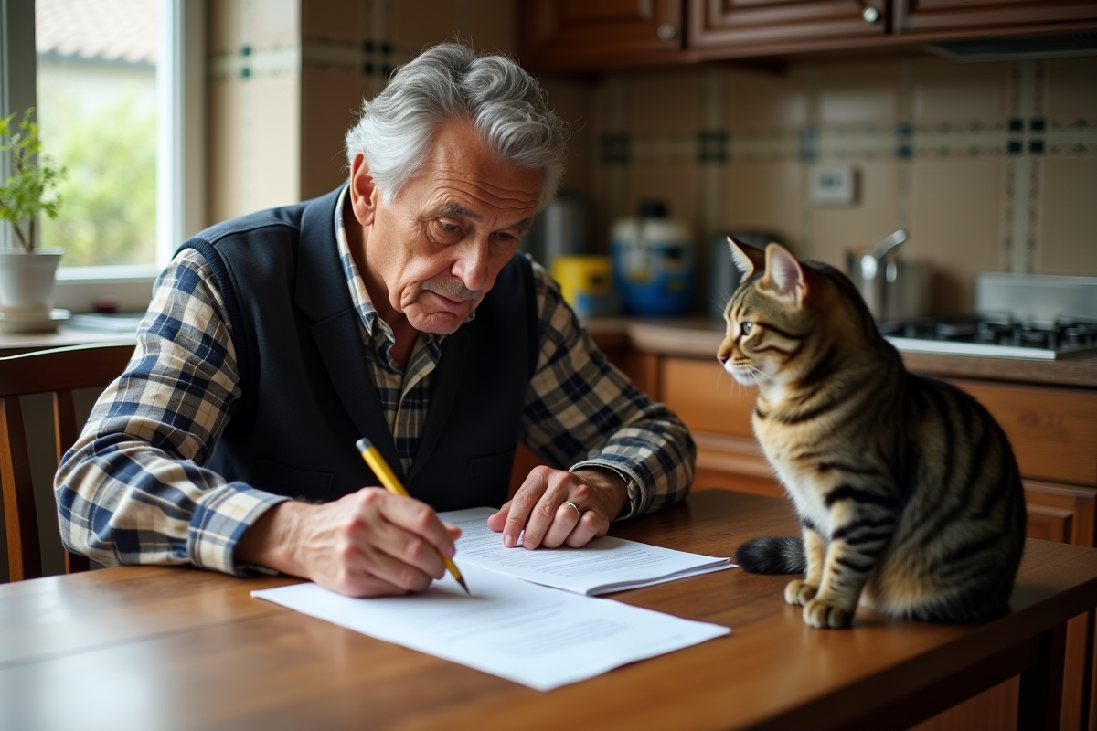 Homme signant un document avec un chat à côté