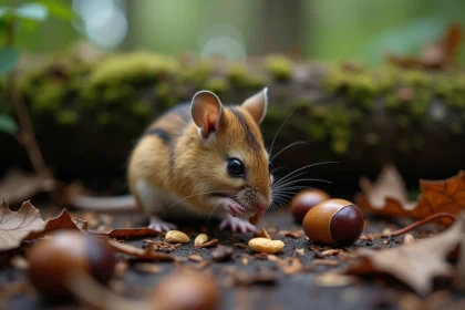 Petite souris sauvage sur feuilles de forêt humide
