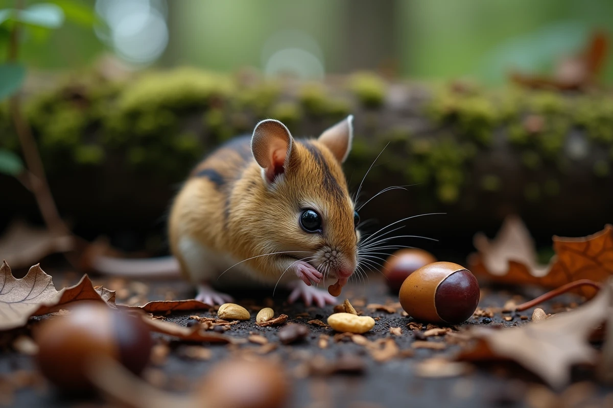 Petite souris sauvage sur feuilles de forêt humide