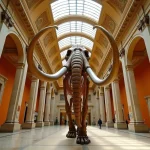 Squelette reconstitué de mammouth laineux exposé dans un musée d'histoire naturelle, illustrant la disparition des mégafaunes de la période glaciaire