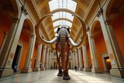 Squelette reconstitué de mammouth laineux exposé dans un musée d'histoire naturelle, illustrant la disparition des mégafaunes de la période glaciaire