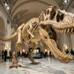 Squelette de Tyrannosaurus rex en position d'attaque dans un musée d'histoire naturelle, mâchoires ouvertes révélant des dents fossiles acérées