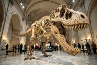 Squelette de Tyrannosaurus rex en position d'attaque dans un musée d'histoire naturelle, mâchoires ouvertes révélant des dents fossiles acérées