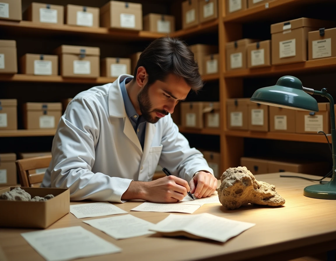 Chercheur en laboratoire examinant des vertèbres fossiles avec un pied à coulisse et des fiches d'attribution, illustrant les erreurs de classification des os du Supersaurus