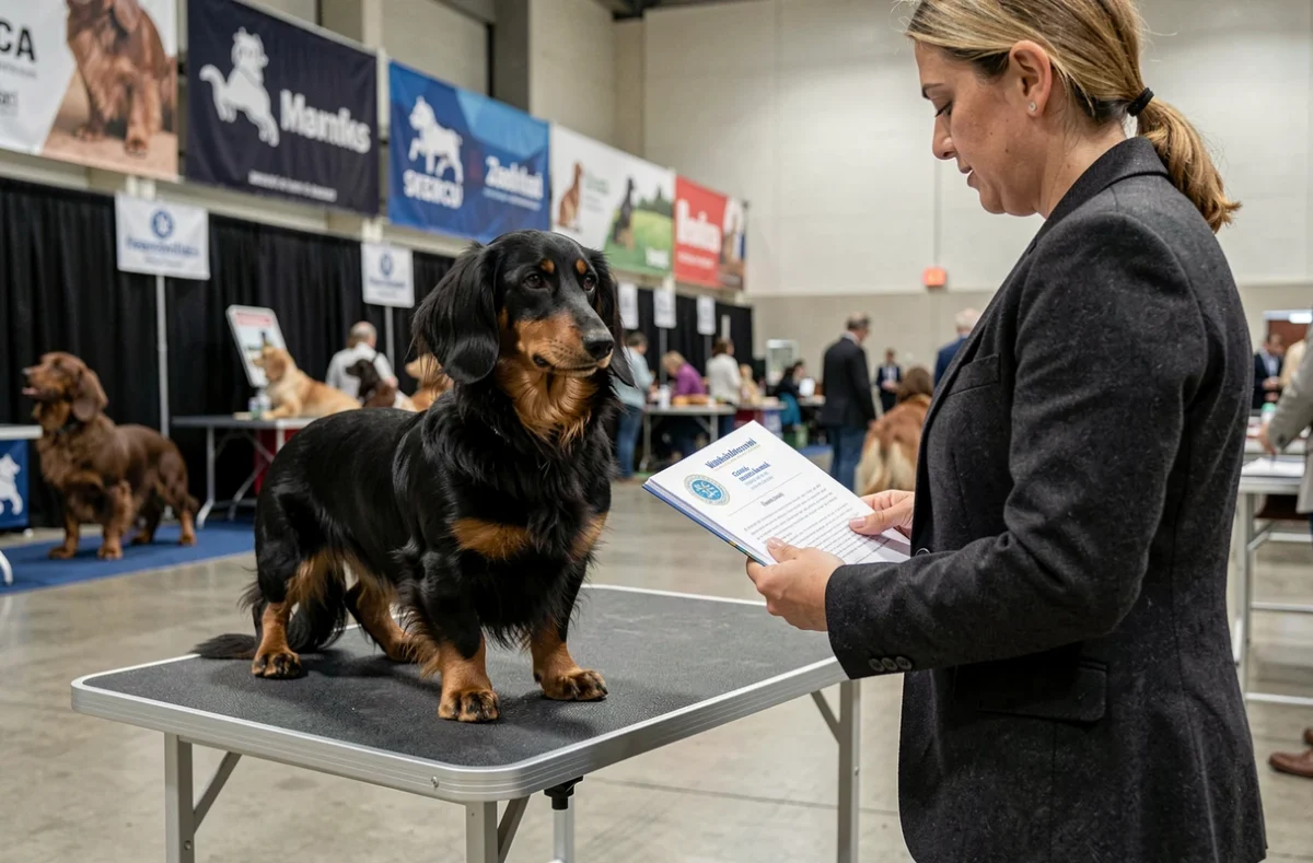 Teckel à poil long LOF présenté lors d'une exposition canine officielle par un handler professionnel