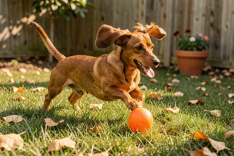 Teckel nain à poil ras bondissant pour attraper un jouet orange dans un jardin verdoyant