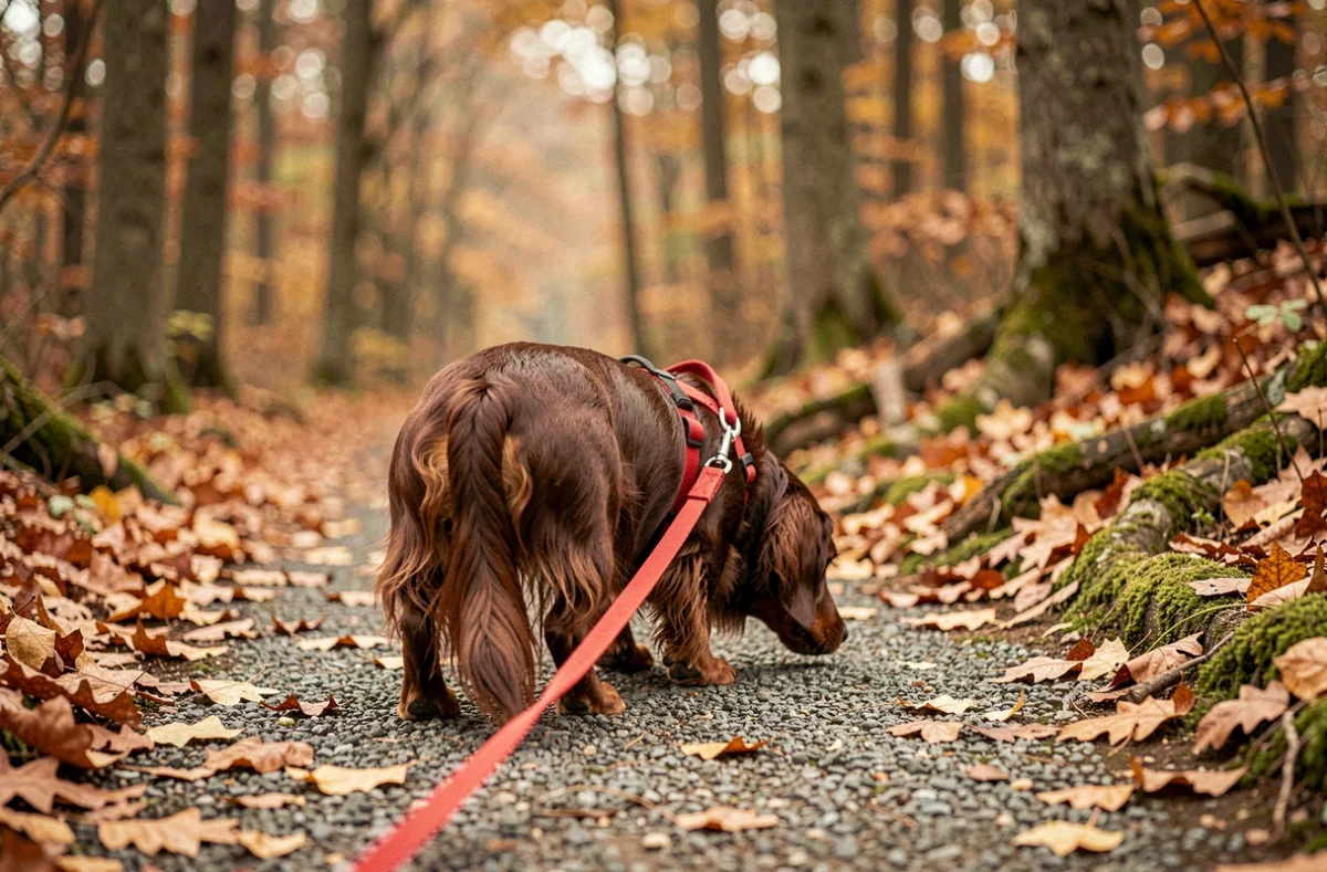 Teckel à poil long en laisse explorant un sentier forestier en automne avec un harnais rouge