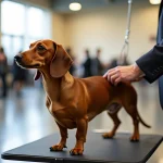 Teckel à poil ras en pose de présentation lors d'une exposition canine, profil latéral montrant la morphologie standard de la race