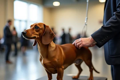 Teckel à poil ras en pose de présentation lors d'une exposition canine, profil latéral montrant la morphologie standard de la race