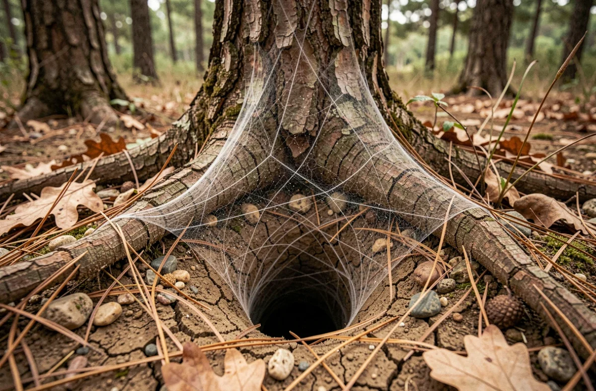 Toile en entonnoir de mygale de Provence tissée entre les racines d'un chêne-liège sur un sol sec de forêt méditerranéenne, macro naturaliste