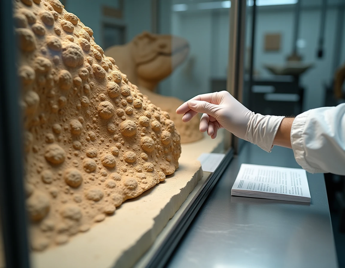 Gros plan sur un moulage de peau fossilisée de Tyrannosaure montrant des écailles texturées, contredisant l'idée d'une peau lisse véhiculée dans les représentations graphiques