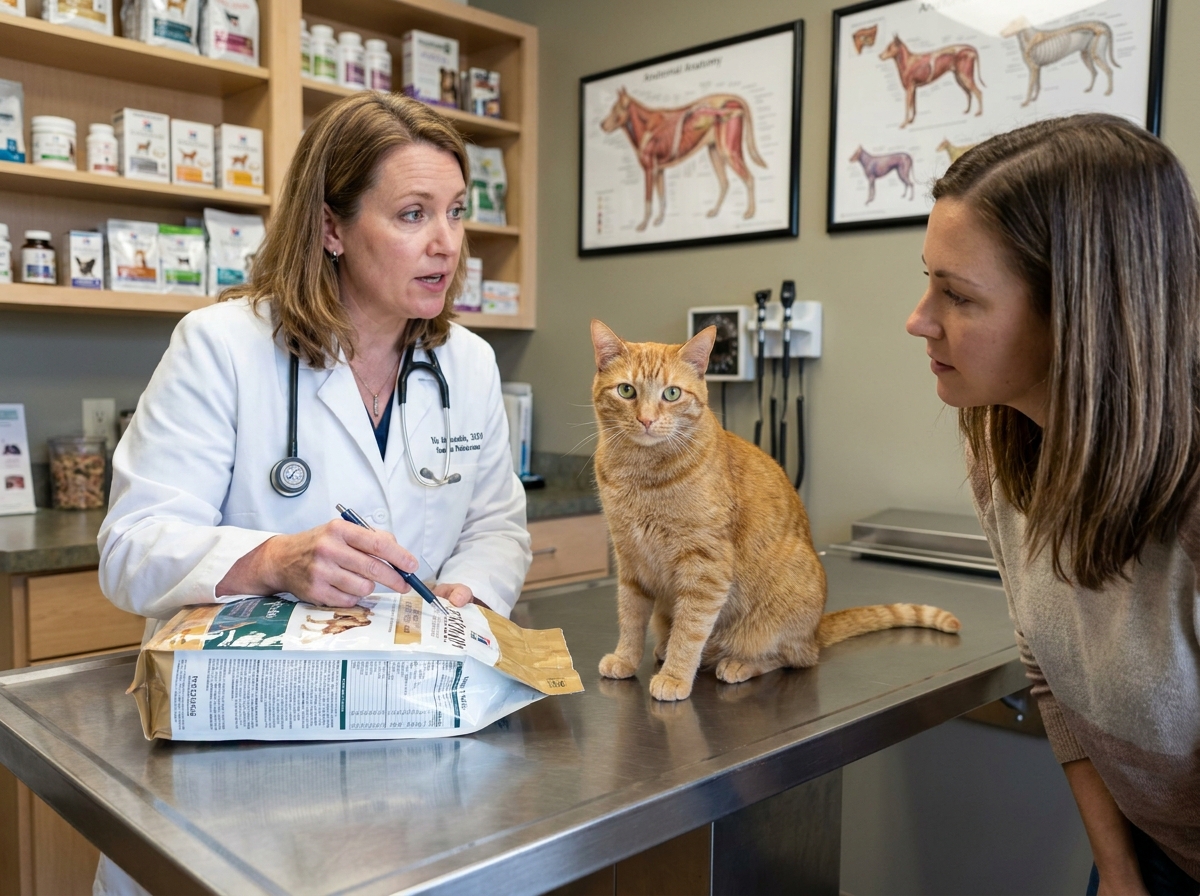 Vétérinaire expliquant les bienfaits d'une alimentation équilibrée pour un chat roux lors d'une consultation, avec étiquettes nutritionnelles en main