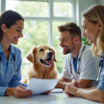 Vétérinaire souriant expliquant des documents d'assurance à un couple avec leur chien