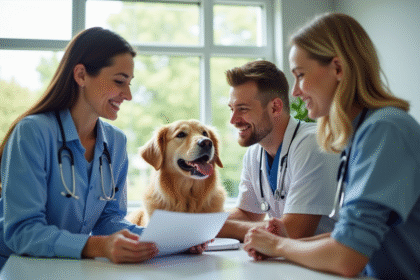 Vétérinaire souriant expliquant des documents d'assurance à un couple avec leur chien