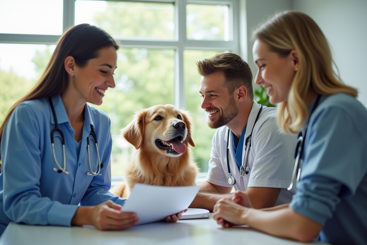 Vétérinaire souriant expliquant des documents d'assurance à un couple avec leur chien