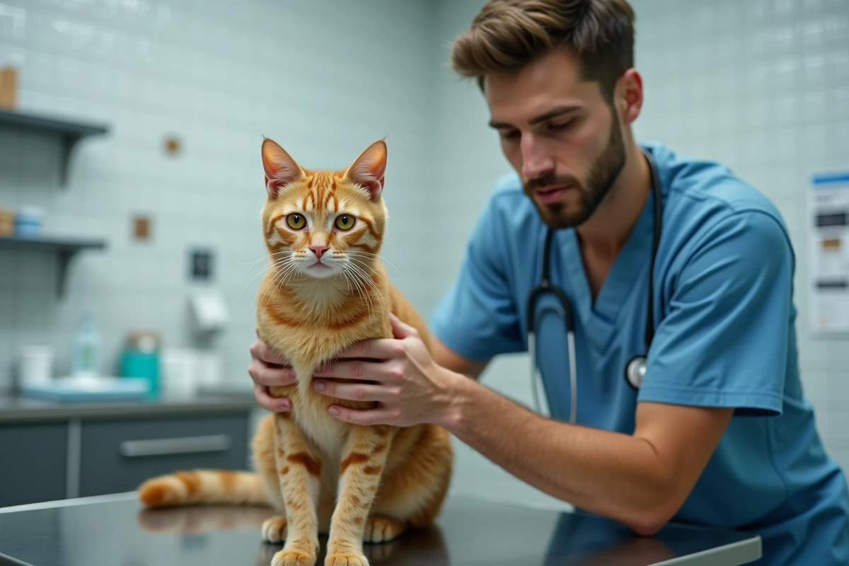 Vétérinaire tenant un chat orange dans une clinique moderne
