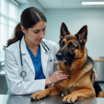 Vétérinaire examinant un berger allemand dans une clinique