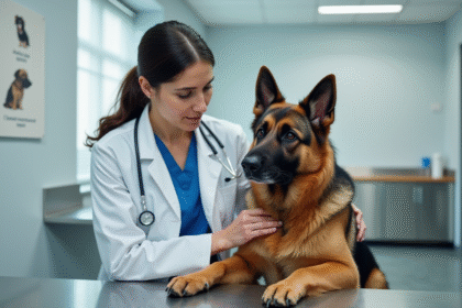 Vétérinaire examinant un berger allemand dans une clinique