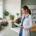 Vétérinaire consultant une tablette numérique à l'accueil d'une clinique vétérinaire moderne