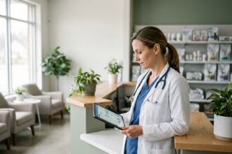 Vétérinaire consultant une tablette numérique à l'accueil d'une clinique vétérinaire moderne