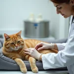Vétérinaire examinant les articulations d'un vieux chat tigré souffrant d'arthrose lors d'une consultation clinique