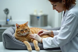 Vétérinaire examinant les articulations d'un vieux chat tigré souffrant d'arthrose lors d'une consultation clinique