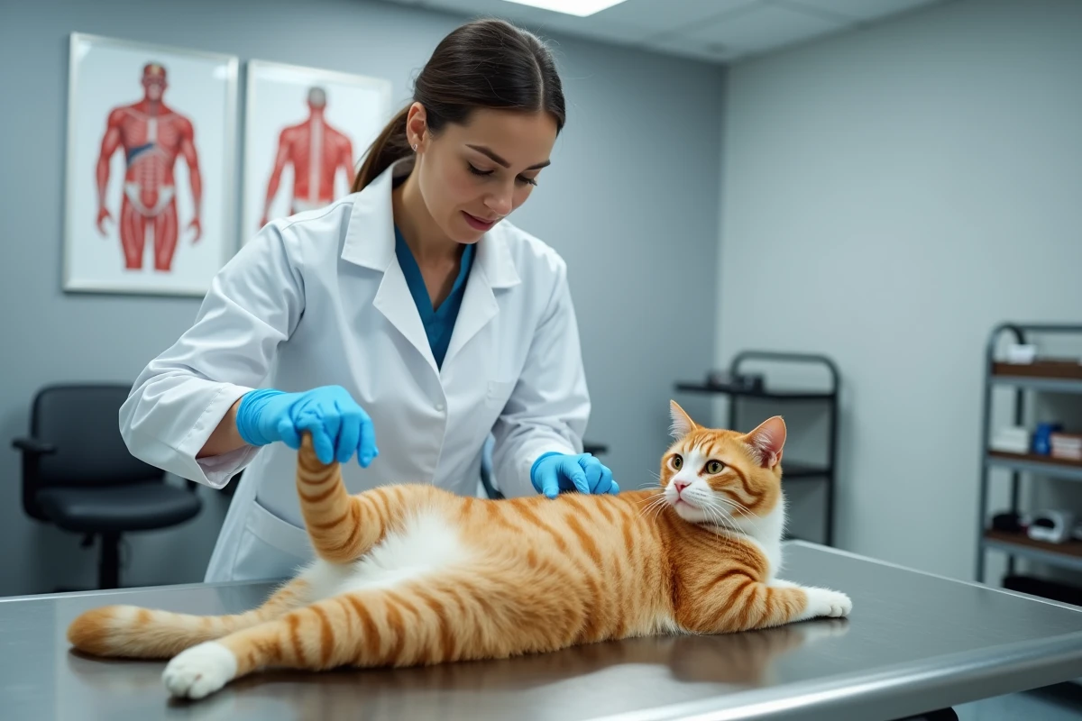 Vétérinaire examinant les articulations d'un chat Scottish Fold roux et blanc allongé sur une table en acier inoxydable dans une clinique moderne