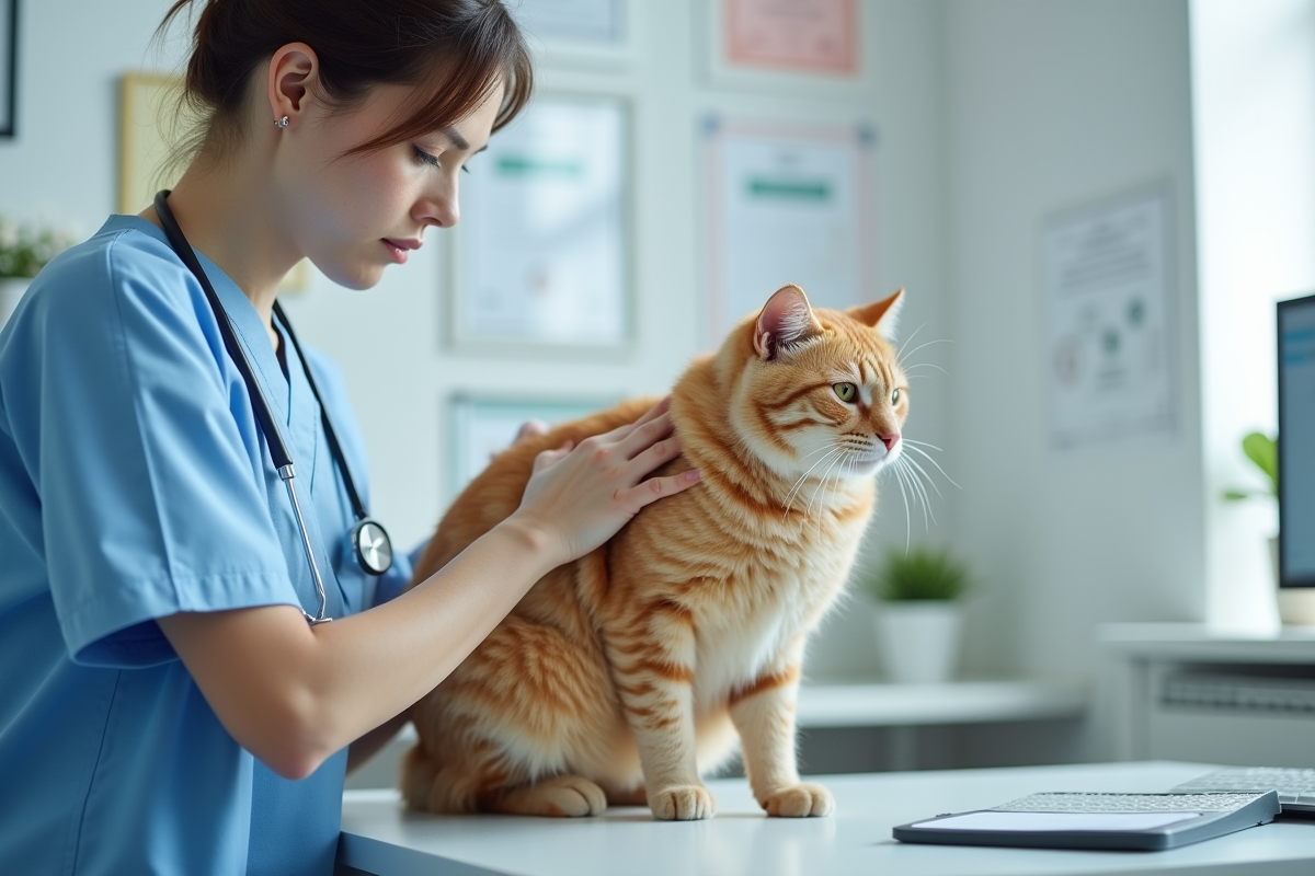 Vétérinaire examinant un chat orange dans une clinique propre