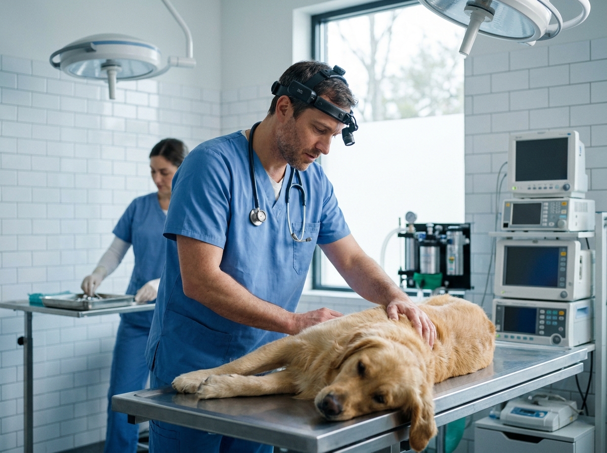 Vétérinaire examinant un chien golden retriever sur une table d'examen en clinique chirurgicale