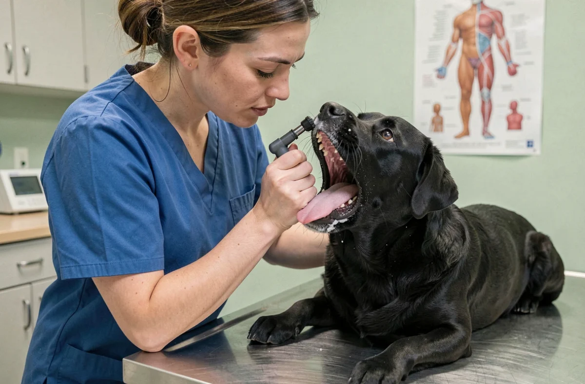 Vétérinaire examinant la gorge d'un labrador noir qui bave mousse blanche sur table d'examen en clinique