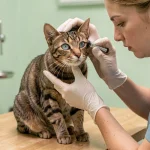 Vétérinaire examinant l'œil d'un chat tabby sur une table d'examen en bois dans une clinique vétérinaire